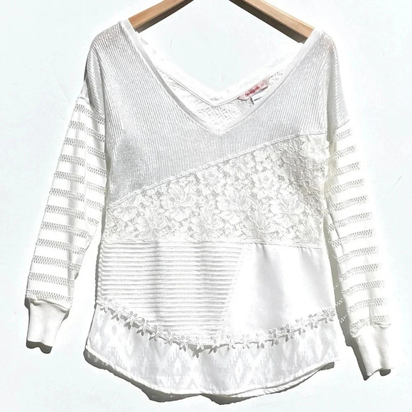 DESIGUAL Women’s Malta Lace Panel Long Sleeve Top White and Metallic size XS - Picture 3 of 7
